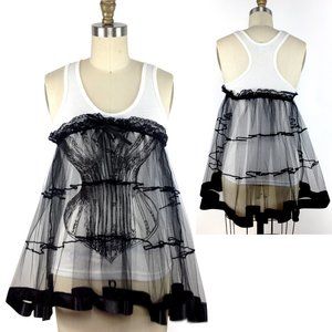Corset Print Tank Top with Tulle Net Ruffle Lace